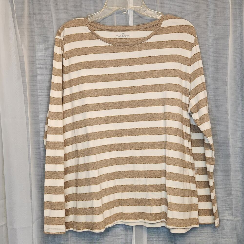 Talbots 2X Plus Cotton Stripe Top - Brown & Gold Metallic Long Sleeve Knit
